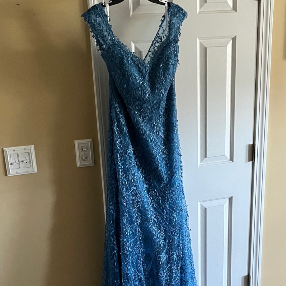 Montage by Mon Cheri Teal Lace Maxi Dress